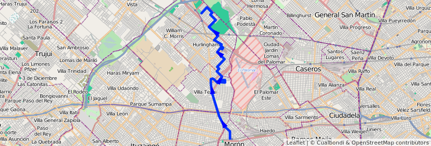 Mapa del recorrido Moron-Villa Club de la línea 443 en Partido de Hurlingham.