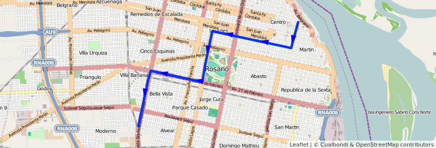 Mapa del recorrido  Negra de la línea 126 en 로사리오.