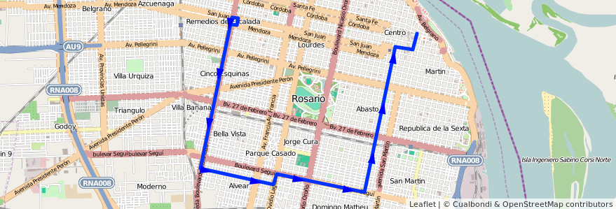 Mapa del recorrido  Negra de la línea 128 en Rosario.