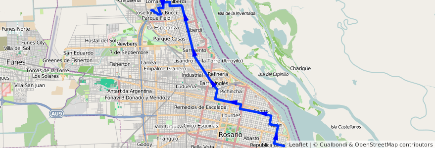 Mapa del recorrido  Negra de la línea 102 en Rosario.