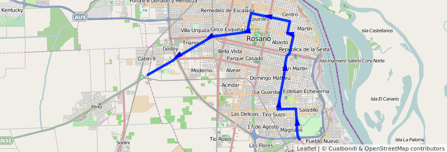 Mapa del recorrido  Negra de la línea 35/9 en Rosario.