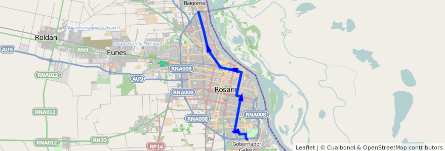 Mapa del recorrido  Negra de la línea 103 en Rosario.