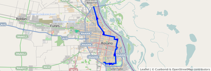 Mapa del recorrido  Negra de la línea 143 en Rosario.