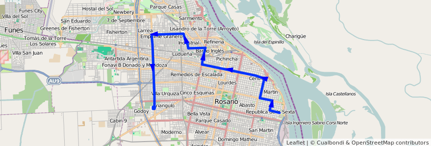 Mapa del recorrido  Negra de la línea 101 en Rosario.