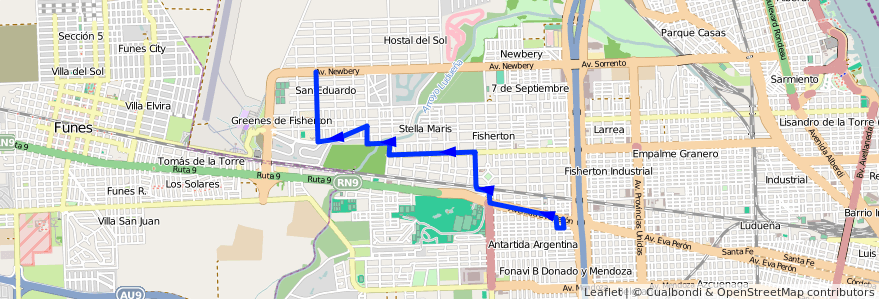 Mapa del recorrido  Noroeste de la línea Enlace en 로사리오.