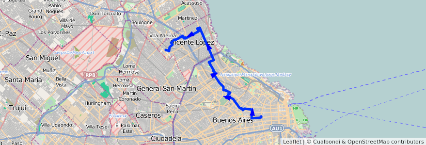 Mapa del recorrido Once-Carapachay de la línea 19 en الأرجنتين.