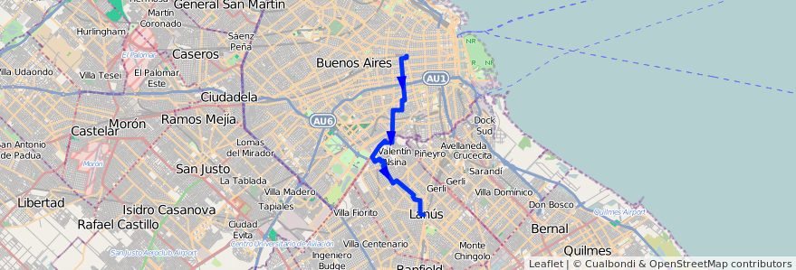 Mapa del recorrido Once-Lanus de la línea 32 en آرژانتین.