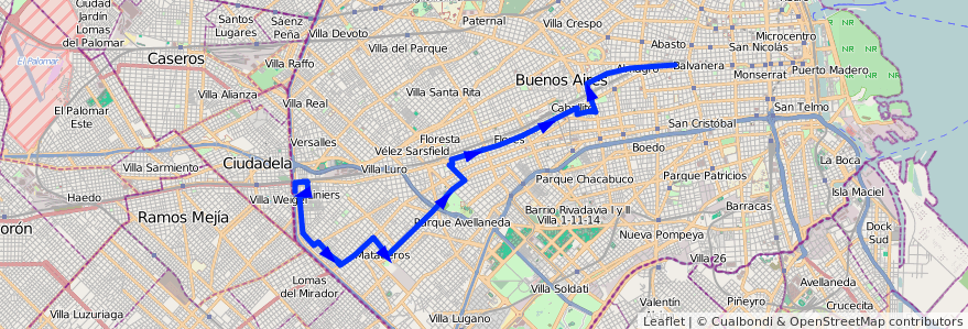 Mapa del recorrido Once-Liniers de la línea 104 en Ciudad Autónoma de Buenos Aires.