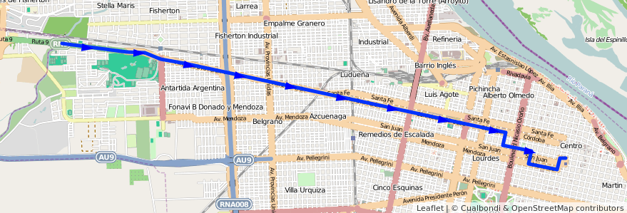 Mapa del recorrido onticas Córdoba de la línea M en Rosario.