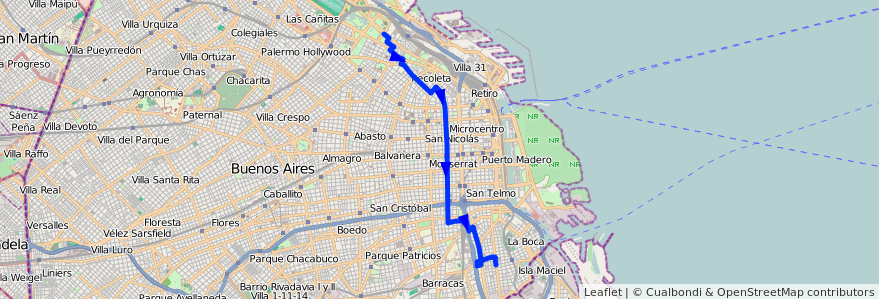 Mapa del recorrido Palermo-Barracas de la línea 102 en Ciudad Autónoma de Buenos Aires.