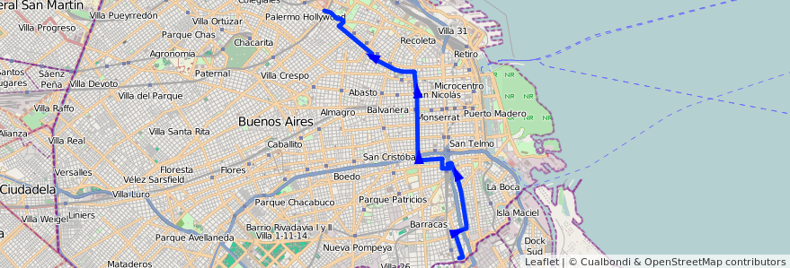 Mapa del recorrido Palermo-Pte.Pueyrredon de la línea 12 en Ciudad Autónoma de Buenos Aires.