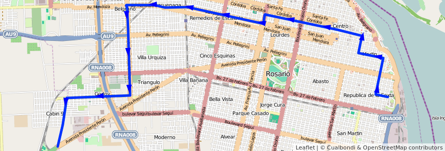 Mapa del recorrido  Perez de la línea 145 en Rosario.