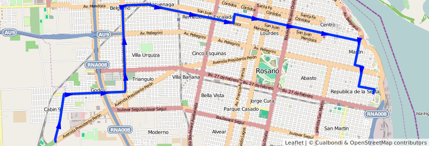 Mapa del recorrido  Perez de la línea 145 en Rosário.