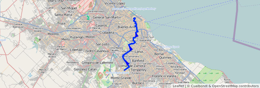 Mapa del recorrido P.Italia-V.Albertina de la línea 188 en Argentina.