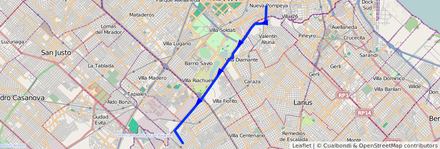 Mapa del recorrido Pompeya-Banfield de la línea 32 en Буэнос-Айрес.