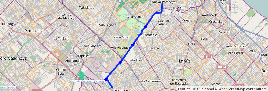 Mapa del recorrido Pompeya-Banfield de la línea 32 en Buenos Aires.