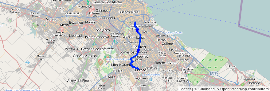 Mapa del recorrido Pompeya-Burzaco de la línea 165 en Buenos Aires.
