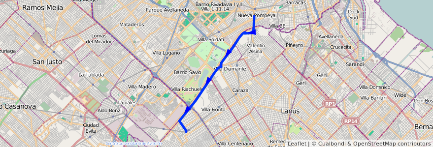 Mapa del recorrido Pompeya-Ing.Budge de la línea 32 en 부에노스아이레스주.