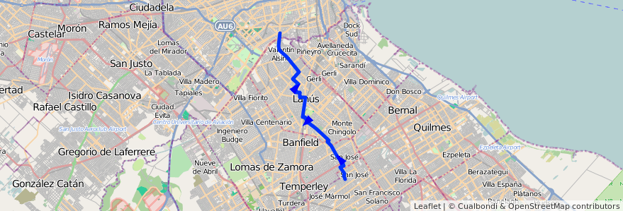 Mapa del recorrido Pompeya-San Jose de la línea 179 en Provinz Buenos Aires.