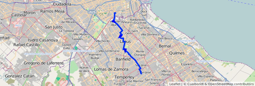Mapa del recorrido Pompeya-San Jose de la línea 179 en Provincia di Buenos Aires.