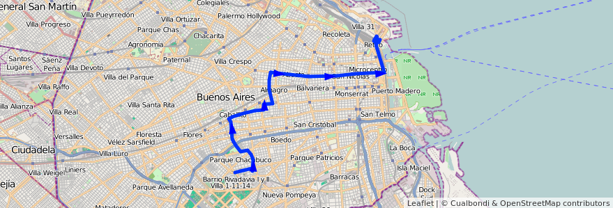 Mapa del recorrido Pque.Chacabuco-Retiro de la línea 26 en Ciudad Autónoma de Buenos Aires.