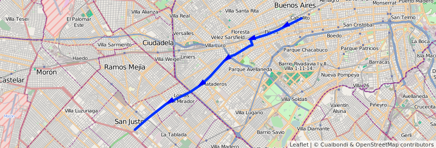 Mapa del recorrido Pra. Junta-San Justo de la línea 55 en Argentina.