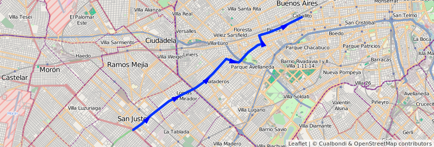 Mapa del recorrido Pra. Junta-San Justo de la línea 55 en Argentine.