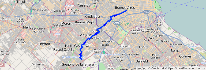 Mapa del recorrido Pra.Junta-Laferrere de la línea 49 en Argentine.