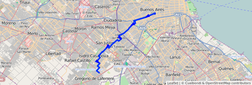 Mapa del recorrido Pra.Junta-Laferrere de la línea 49 en Argentina.
