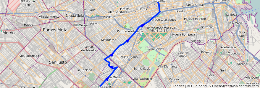 Mapa del recorrido Pra.Junta-Tapiales de la línea 103 en Arjantin.