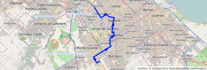 Mapa del recorrido Pte.La Noria-Mte.Gran de la línea 318 en Buenos Aires.