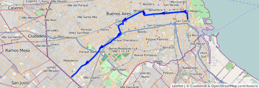 Mapa del recorrido Pto.Madero-Mataderos de la línea 103 en Ciudad Autónoma de Buenos Aires.