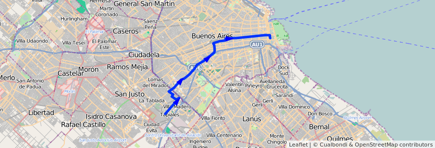 Mapa del recorrido Pto.Madero-Tapiales de la línea 103 en Argentina.
