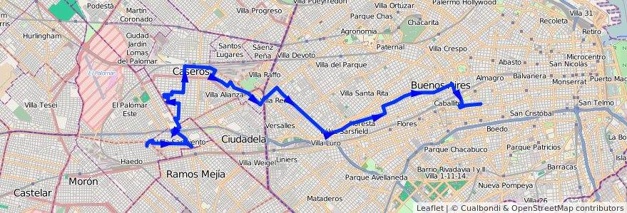 Mapa del recorrido R1 Almagro-R.Mejia de la línea 181 en Argentina.