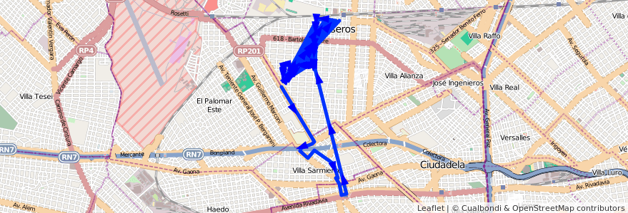 Mapa del recorrido R1 Almagro-R.Mejia de la línea 181 en Caseros.