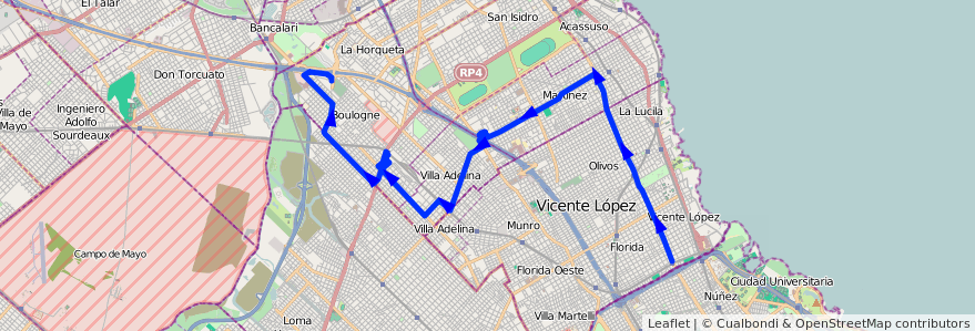 Mapa del recorrido R1 Boulogne-Vte.Lopez de la línea 314 en Provincia di Buenos Aires.