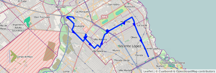 Mapa del recorrido R1 Boulogne-Vte.Lopez de la línea 314 en Provinz Buenos Aires.