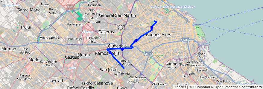 Mapa del recorrido R1 Chacarita-R.Castil de la línea 162 en 阿根廷.