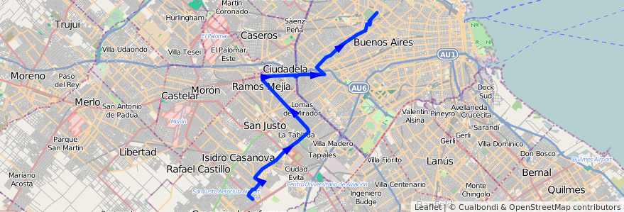 Mapa del recorrido R1 Chacarita-R.Castil de la línea 162 en Argentina.