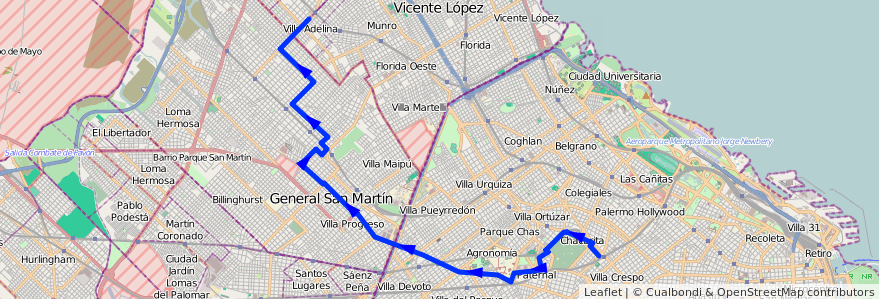 Mapa del recorrido R1 Chacarita-V.Adelina de la línea 78 en アルゼンチン.