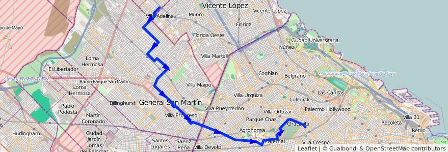 Mapa del recorrido R1 Chacarita-V.Adelina de la línea 78 en 阿根廷.