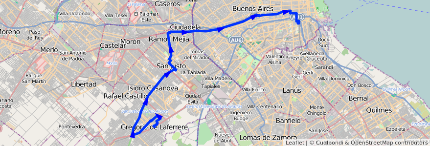 Mapa del recorrido R1 Const.-Laferrere de la línea 96 en Argentina.