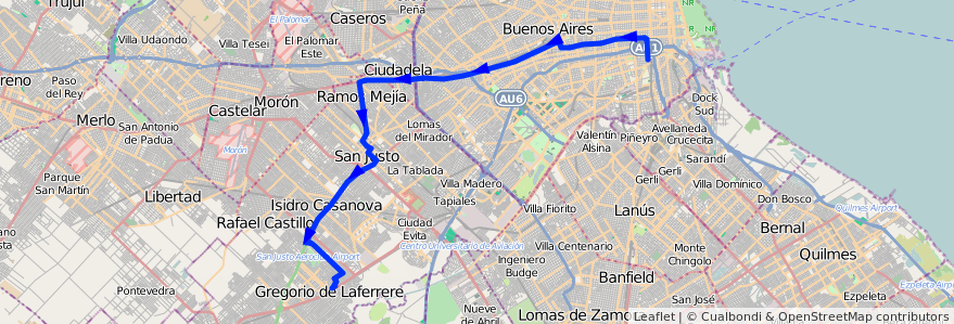 Mapa del recorrido R1 Const.-Laferrere de la línea 96 en Argentina.