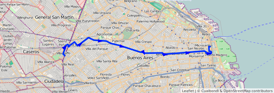 Mapa del recorrido R1 Correo-S.Pena de la línea 105 en Ciudad Autónoma de Buenos Aires.