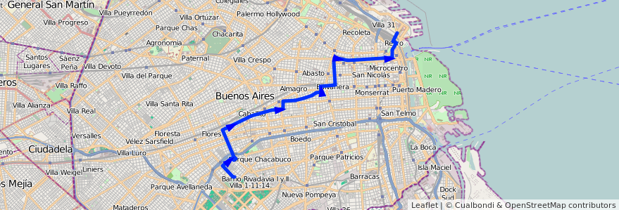 Mapa del recorrido R1 Ctrio.Flores-Retir de la línea 132 en Ciudad Autónoma de Buenos Aires.