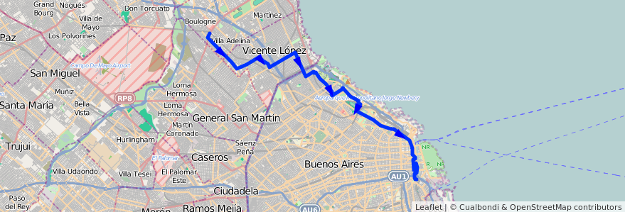 Mapa del recorrido R1 La Boca-Boulogne de la línea 130 en Argentina.