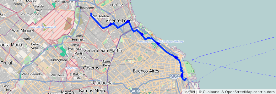 Mapa del recorrido R1 La Boca-Boulogne de la línea 130 en Аргентина.