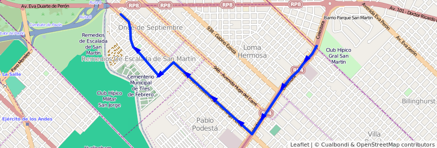 Mapa del recorrido R1 L.Hermosa-R.Escala de la línea 169 en Partido de Tres de Febrero.