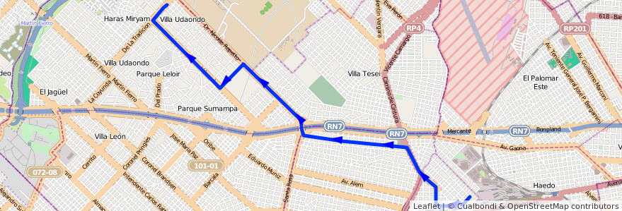 Mapa del recorrido R1 Moron-Udaondo de la línea 441 en ブエノスアイレス州.