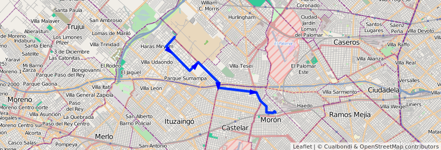 Mapa del recorrido R1 Moron-Udaondo de la línea 441 en Provinz Buenos Aires.